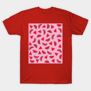 Watermelon, Red and Green, Pattern on Pink T-Shirt